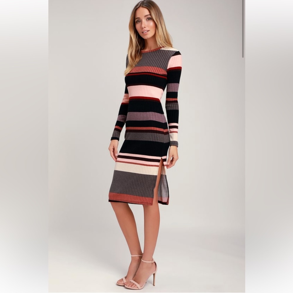 Lulu’s • Share the Love Mauve Multi Striped Ribbed Long Sleeve Midi Dress